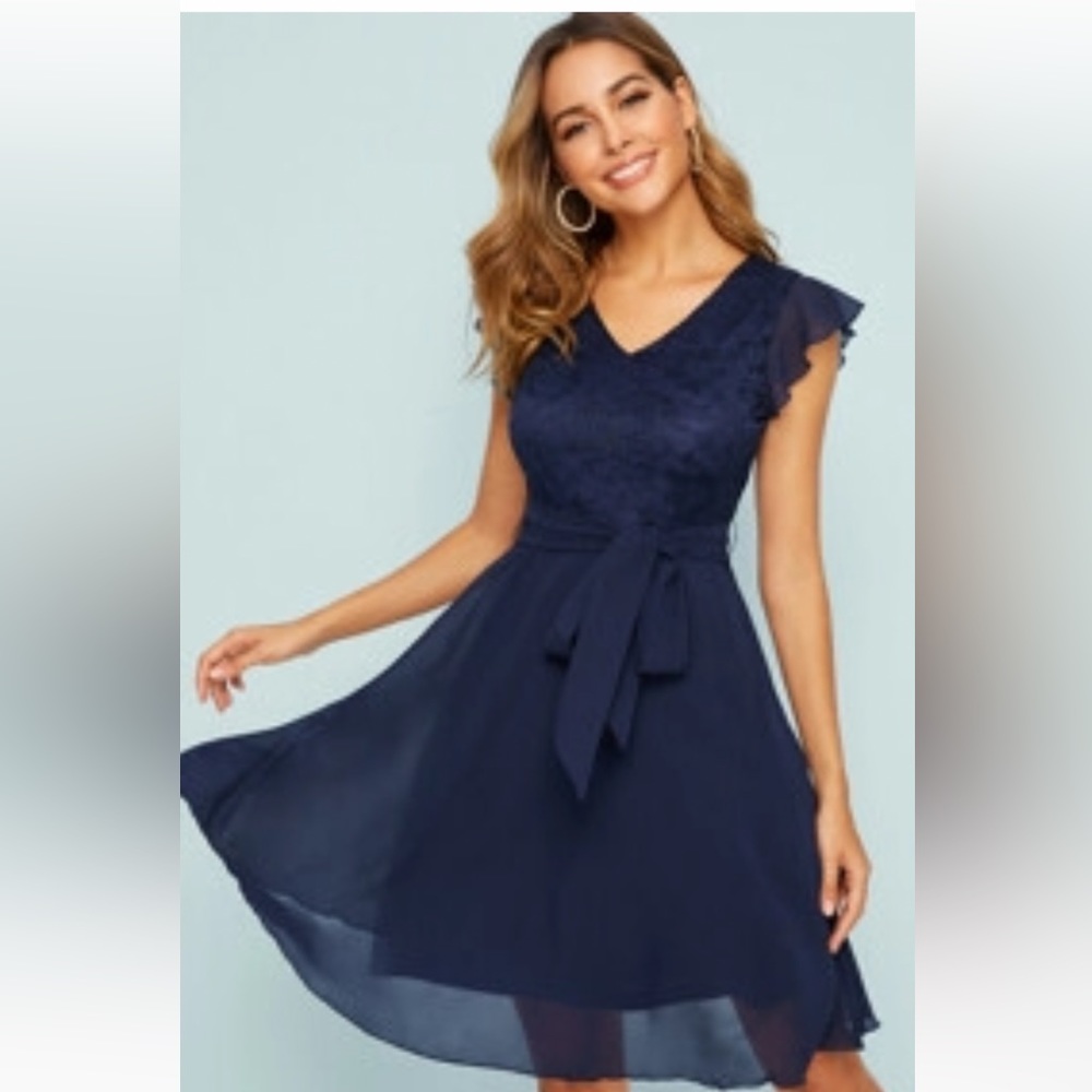 Navy lace chiffon dress